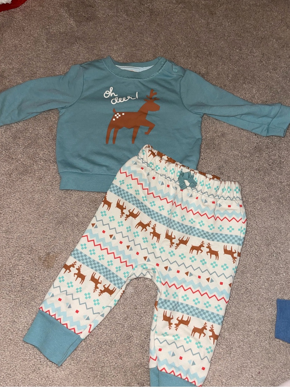Cat & Jack Blue Long-Sleeve Reindeer Pajama Set with Cream Printed Pants